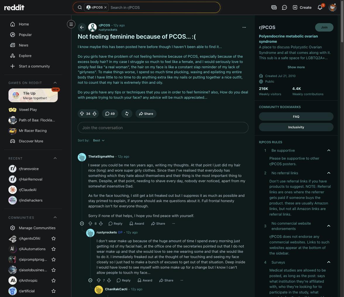 Reddit r/PCOS thread on not feeling feminine